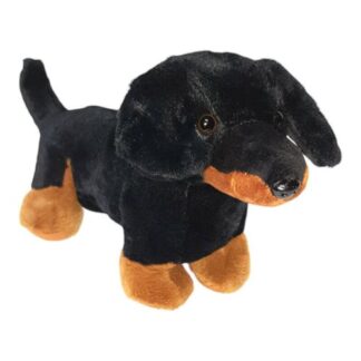 Barna-fekete plüss tacskó kutya, 29 cm