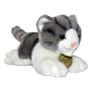 Élethű fekvő szürke-fehér plüss cica, 20 cm (Aurora, Miyoni)