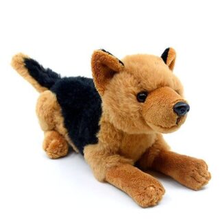 Barna-fekete fekvő plüss németjuhász kutya, 28 cm